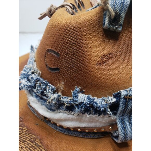 Distressed Western Cowgirl Hat W/ Denim Trim & Custom Stitching Boho Look main image 7